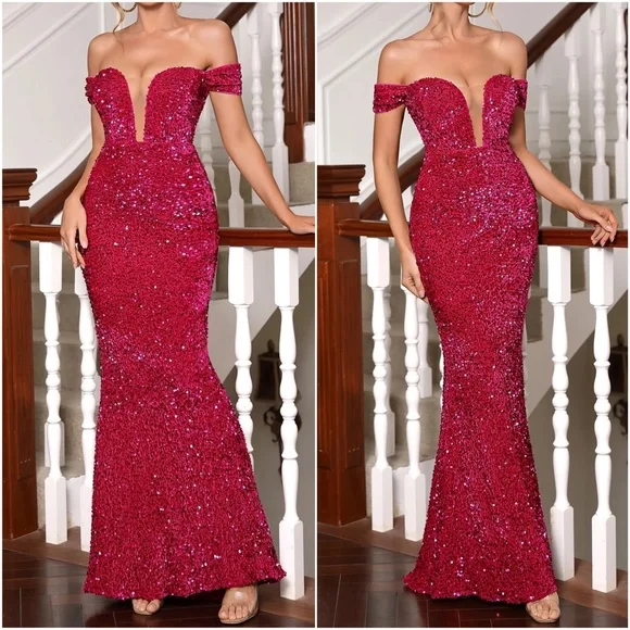 Luxurious Off Shoulder Sequin Evening Formal Wedding Dress - Picture 5 of 6